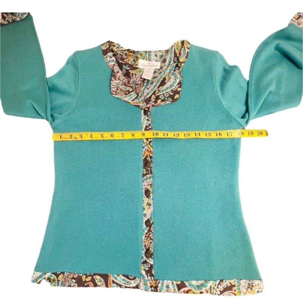 Vintage Cashmere Silk Teal Cardigan Paisley Trim Boho - Picture 7 of 9